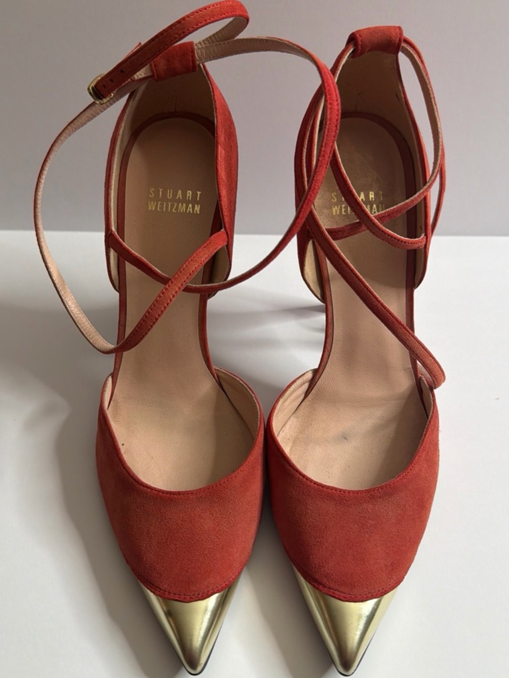 Stuart Weitzman Coral Suede Pointed Toe Ankle Wrap Heels with Gold Tip